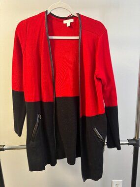 LIKE NEW** CHARTER CLUB- Petite Faux-Leather-Trim Colorblock Cardigan